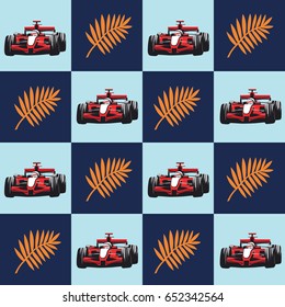 Race car and palm branch on the blue background. Pattern