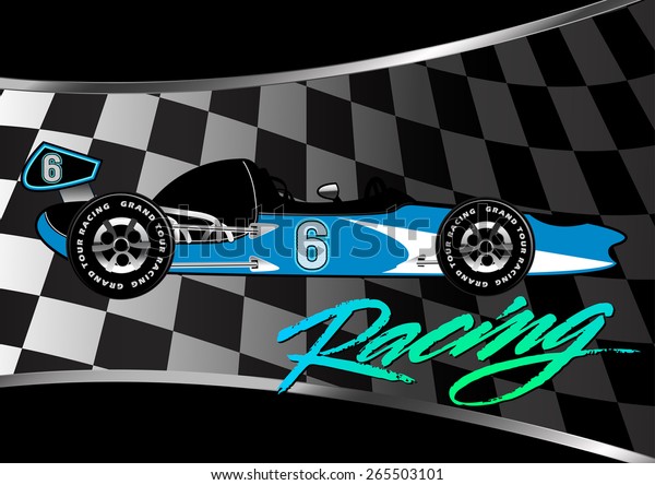 Race car poster\
on checkered flag with\
script