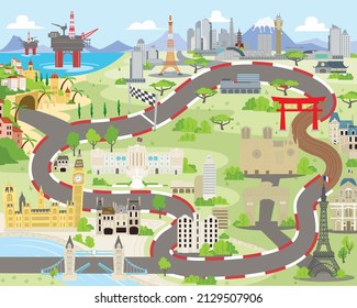 Race car road track circuit illustration with city maps for kids play mat and roll mat design 2