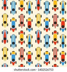 Race car seamless pattern design - colorful vintage race cars from top view forming an endless repeat pattern