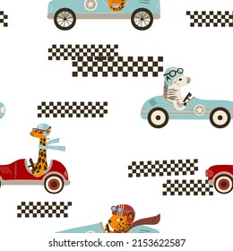 Carro de carrera sin fisuras con cebra, jirafa y leopardo sobre fondo blanco. Fondo digital del parque de carreras con elementos dibujados a mano vectorial. Patrón sin inconvenientes para tela infantil y papel de libro de recortes.