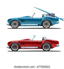 Race car, side view. Cabriolet cobra in different colors. In motion and standing still. Loaded and empty, Moving to warm countries. Vector illustration EPS 10