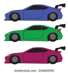 race car side view colour set vector design