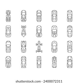 race car speed sport vehicle icons set vector. auto automobile, transportation fast, drive transport, motor wheel, road competition race car speed sport vehicle black contour illustrations