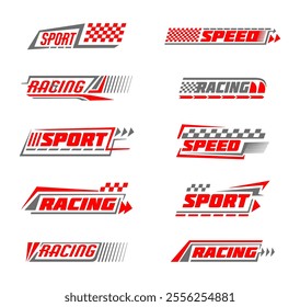 Race car sport. Formula speed sport icon. Stripe decal pattern. Auto rally. Bike racing check badge. Transport motor. Red ribbon border. Checkered automobile decoration. Vector design signs set