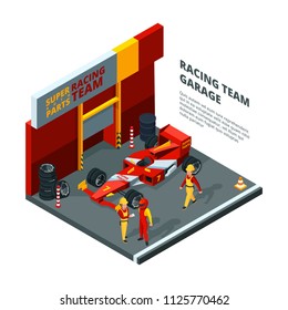 Race Car At Station. Isometric Composition Isolate On White. Sport Car Automobile, Team Machine Racing Bolide, Vector Illustration