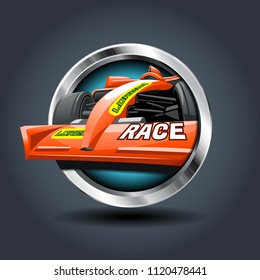 Race Car, steely rounded badge icon. For Ui/Game.