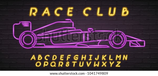 Race Car Symbol Neon Light Glowing Vector with\
Alphabet Yellow Colour\
Bright