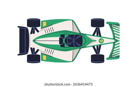 Race car, top view. Fast speed vehicle for professional motorsport. Extreme motor sport auto transport from above, overhead. Flat graphic vector illustration isolated on white background.