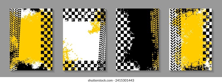 Race car track. Flag sport racing. Road checker frame. Rally speed drive. Formula competition finish stripe. Auto tire wheel print. Tyre drift. Street dirt. Grunge banners set. Vector tidy backgrounds