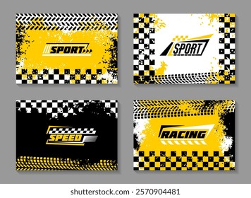 Race car track. Sport racing poster design. Road checker frame. Rally speed drive. Formula competition finish stripe. . Auto tire wheel print. Tyre drift. Street dirt. Grunge yellow banners vector set