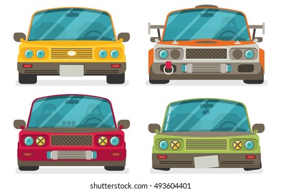 Race car tuning set  front view. Colorful vector illustration of vehicle. Flat design.