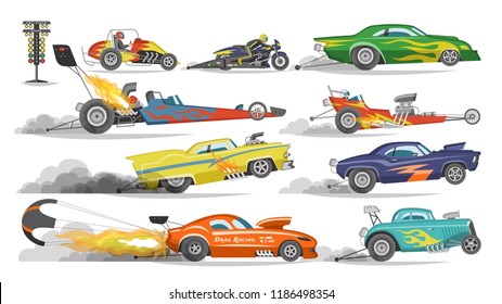 Race Car Vector Drag Racing On Speedcar On A Track And Auto Driving On Rally Sport Event Formula Grandprix Racetrack Illustration Set Isolated On White Background