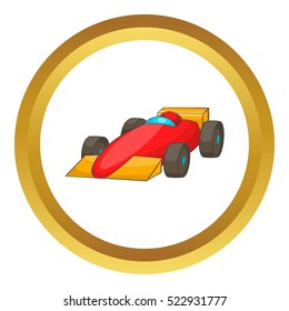 Race car vector icon in golden circle, cartoon style isolated on white background