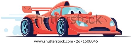 race car vector shows a red sports vehicle with a sleek aerodynamic design and large rear spoiler in a flat illustration style perfect for motorsport and speed themed projects