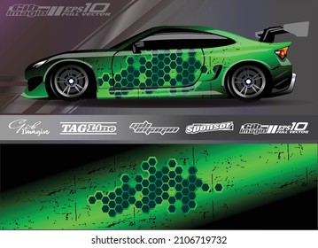 Diseños de calcomanías de ajuste de coches de carrera. Carreras abstractas y antecedentes deportivos para el transporte de automóviles o pegatinas de vinilo de uso diario. Pasos vectoriales completos 10.