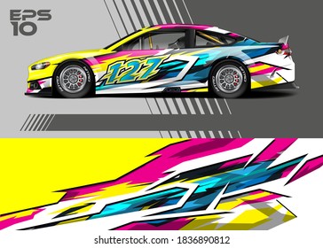 Race car wrap decal graphic design. Abstract stripe racing background designs for wrap cargo van, race car, pickup truck, adventure vehicle. Eps 10