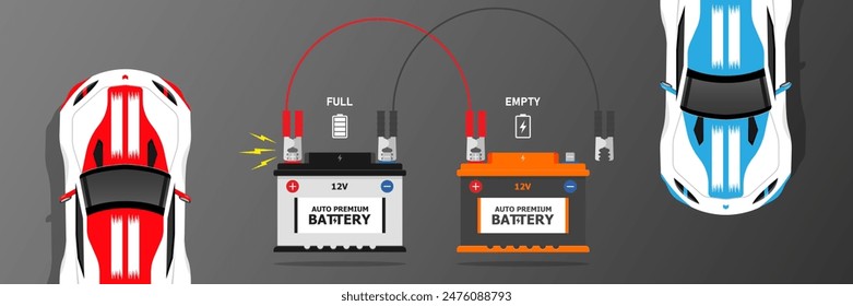 Race Cars battery jump start top view Correct connecting the jumper cables vector