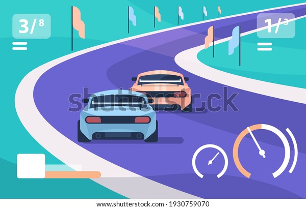 race cars driving\
road online platform video game level concept computer screen\
horizontal vector\
illustration