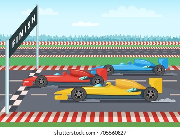 Race Cars On Finish Line. Sport Background Illustration