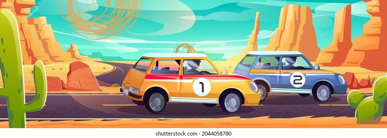 Race cars on road in desert with cactuses, rocks and tumbleweed. Vector cartoon illustration of racing in hot desert with sand, mountains and speedway with sport vehicles