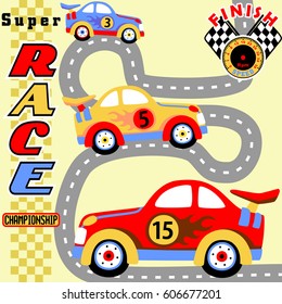 Race cars on track, car racing elements, vector cartoon illustration