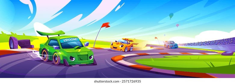 Race cars at speed competition. Vector cartoon illustration of cute color rally vehicles with emotions on face driving curvy road, competing to win race, audience watching sport cars moving fast