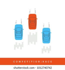 Race Cars Top View Icon Set. Simple Flat Style and Thin Line Icons Leadership Competition, Related. Vector Illustration.