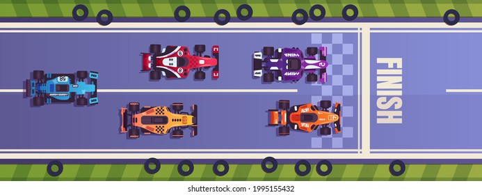 Race. Cartoon Formula One Competition. Top View Of Racing Cars Driving On Road. Bolides Crossing Finish Line. Rally Extreme Championship Of High-speed Transport. Vector Automobiles Traffic
