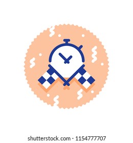 Race challenge, best time result, crossed checkered flags, stop watch icon, super fast delivery service, deadline concept, vector flat illustration