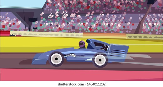 Race championship flat vector illustration. Professional racer, competitor in helmet cartoon character. Racing car on track, speedway. Exciting motorsport competition, automobile sport