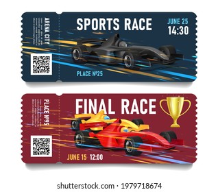 Race championship ticket with sport car illustration moving on high speed, with snap-out part and QR code - Shutterstock ID 1979718674