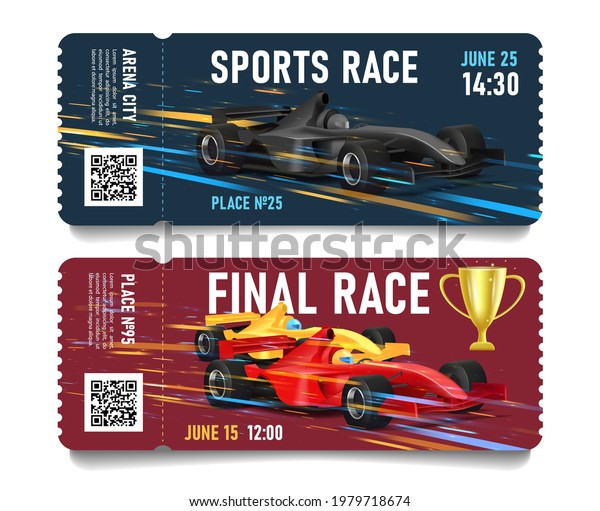 Race championship\
ticket with sport car illustration moving on high speed, with\
snap-out part and QR code