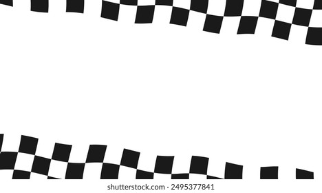 Race checker flag background. Finish check rally backdrop. Wavy chessboard pattern. Hippie twisted gingham checkerboard frame. Vector illustration isolated on white background.