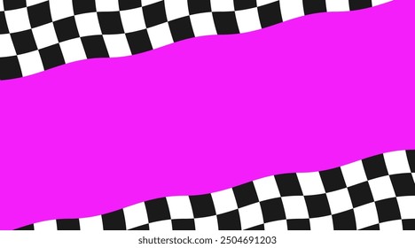 Race checker flag background. Finish check rally background. Wavy psychedelic chessboard pattern. Hippie twisted gingham checkerboard frame. Vector illustration isolated.