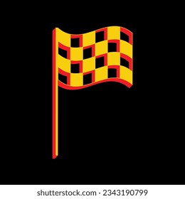 Race checkered flag sign. 3D Extruded Yellow Icon with Red Sides a Black background. Illustration.