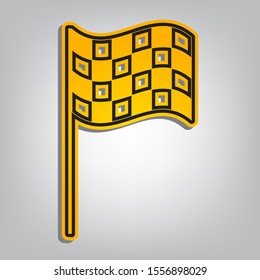 Race checkered flag sign. Flat orange icon with overlapping linear black icon with gray shadow at whitish background. Illustration.