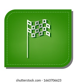 Race checkered flag sign. Silver gradient line icon with dark green shadow at ecological patched green leaf. Illustration.