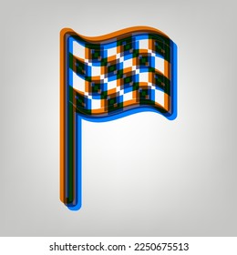 Race checkered flag sign. Stroked Icon in orange, azure and old lavender Colors at gray Background. Illustration.