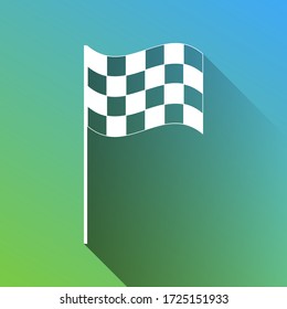 Race checkered flag sign. White Icon with gray dropped limitless shadow on green to blue background. Illustration.