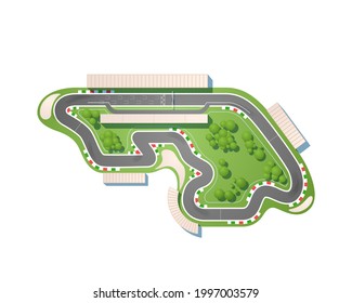 The race circuit from a top view is isolated on a white background. The racing track is including a pit lane, grandstands, boxes, trees, and gravel safety zones.