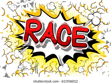 Race - Comic book style word on abstract background.