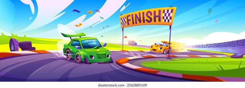 Race competition panoramic scene with cartoon vehicles on curvy track - green car on finish line and yellow competitor speeds ahead. Speedway environment with checkered banner and audience stands.