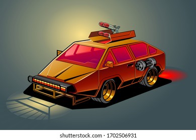 Race and destroy car, comic book style vector illustration. Devil Car , high speed demolition car. Nitro engine. Turbo golden, 80 decade equipped, combat vehicle.