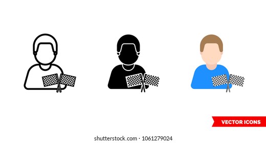 Race driver icon of 3 types: color, black and white, outline. Isolated vector sign symbol.