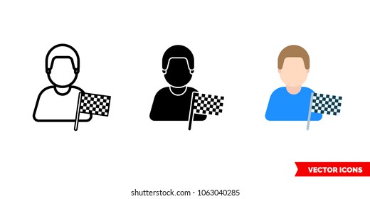 Race driver icon of 3 types: color, black and white, outline. Isolated vector sign symbol.