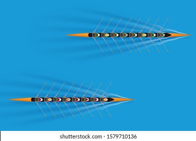 Race of Eight rowers with mixed paddlers on water surface. Women and men inside boats in moving. Top view of Equipment for Olympic waters sport rowing. Vector Illustration