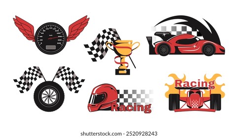 Emblema de corrida. Velocímetro com asas, carro de corrida e capacete, pneu rápido e adesivo de taça de troféu com bandeira quadriculada. Esporte automático decalca conjunto de ilustrações vetoriais isoladas.