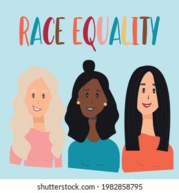 Igualdad racial. Ilustración vectorial de tres razas diferentes de mujeres paradas unas al lado de otras sonriendo 