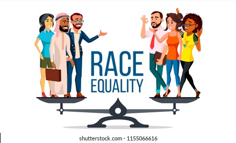 Race Equality Vector. Standing On Scales. Equal Opportunity, Rights. Diversity Tolerance Concept. Piece. Isolated Flat Cartoon Illustration
